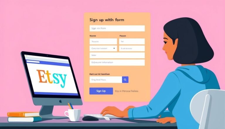 Woman signing up for Etsy on a computer, form visible on the screen
