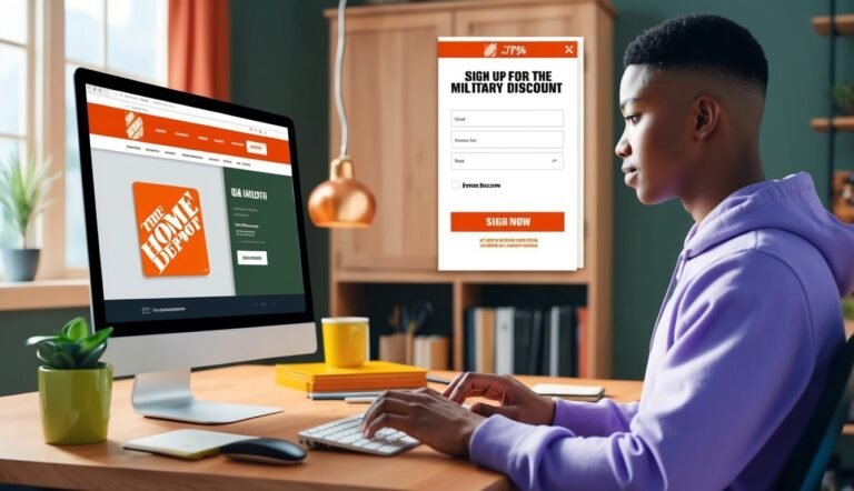 Young man on computer, Home Depot website, military discount sign-up form