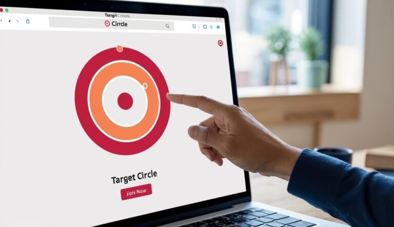 Laptop screen displaying a target circle graphic, finger pointing at the screen