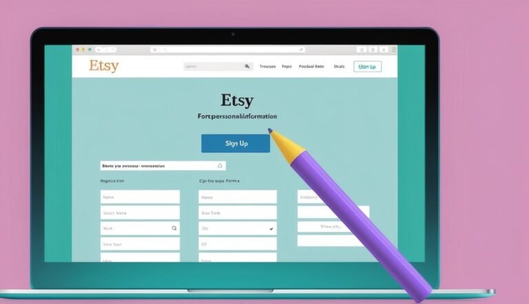 Laptop screen displaying an Etsy sign-up form, with a purple and yellow pencil
