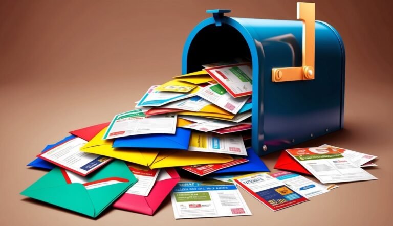 Blue mailbox overflowing with colorful envelopes and papers