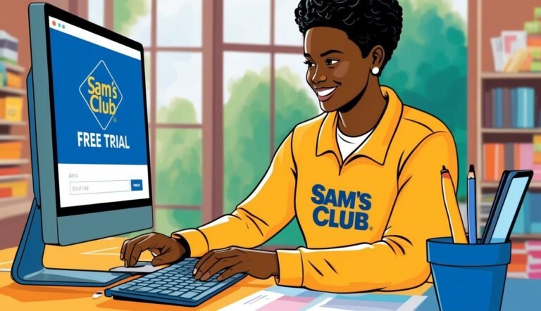 Smiling woman at computer, Sam's Club free trial, yellow shirt