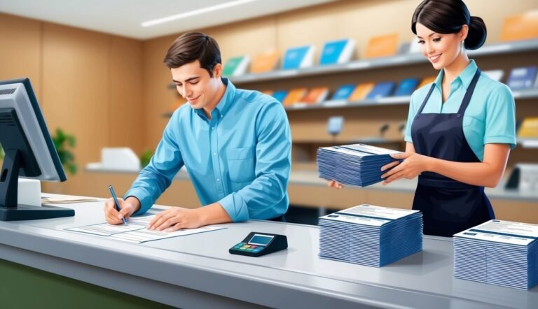 Man signing papers at counter, woman holding stacks of documents