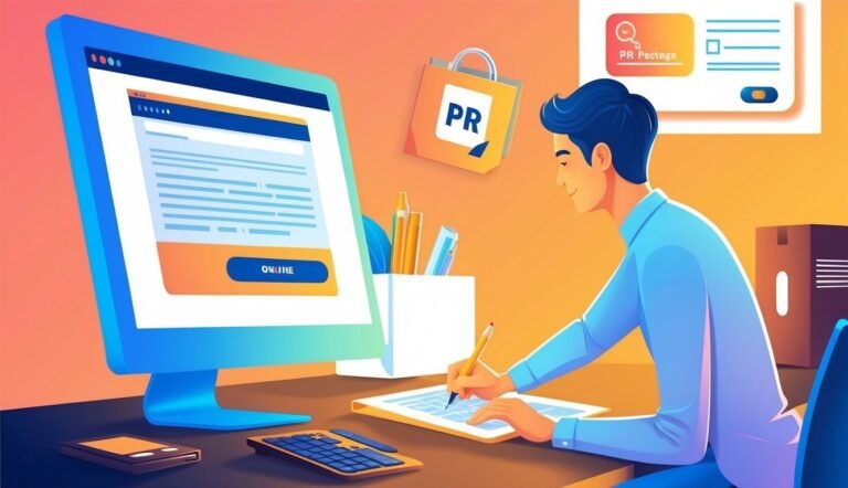 Man working on computer, writing on paper, with PR-related icons