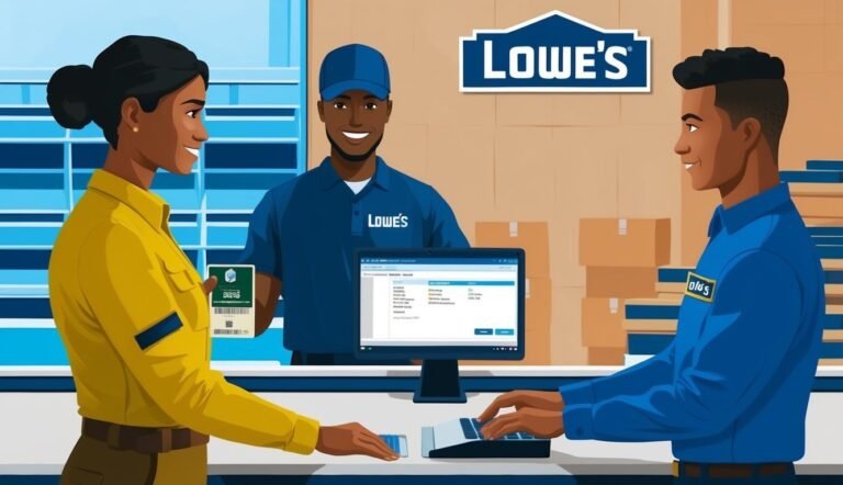 Three Lowe's employees assisting a customer at the checkout counter
