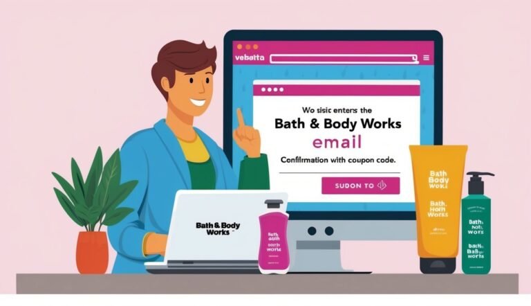 Man with laptop and Bath & Body Works email confirmation, products displayed