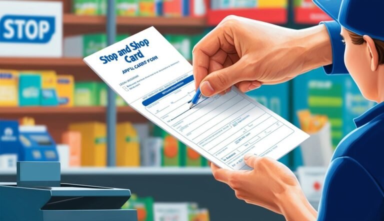 Person in blue uniform filling out a Stop and Shop card with a pen