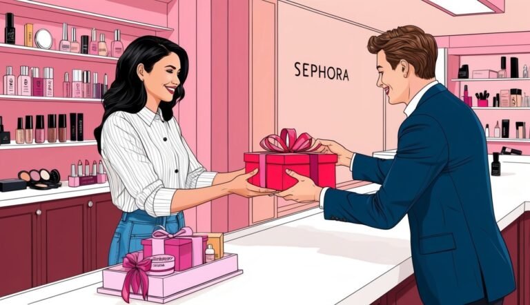 Man giving a gift box to a woman at a Sephora store
