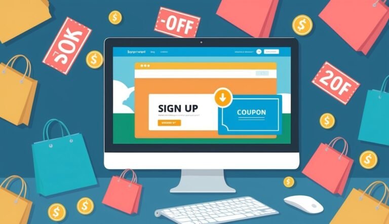 Computer screen with sign-up form, shopping bags, coupons, and dollar signs