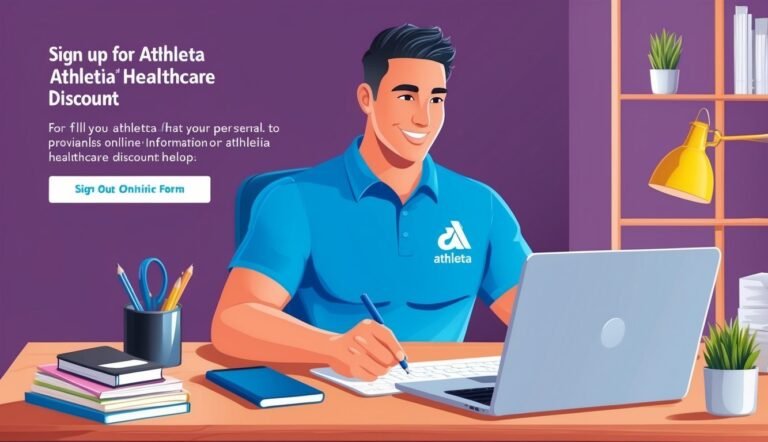 Man at desk with laptop, writing, Athleta healthcare discount sign-up