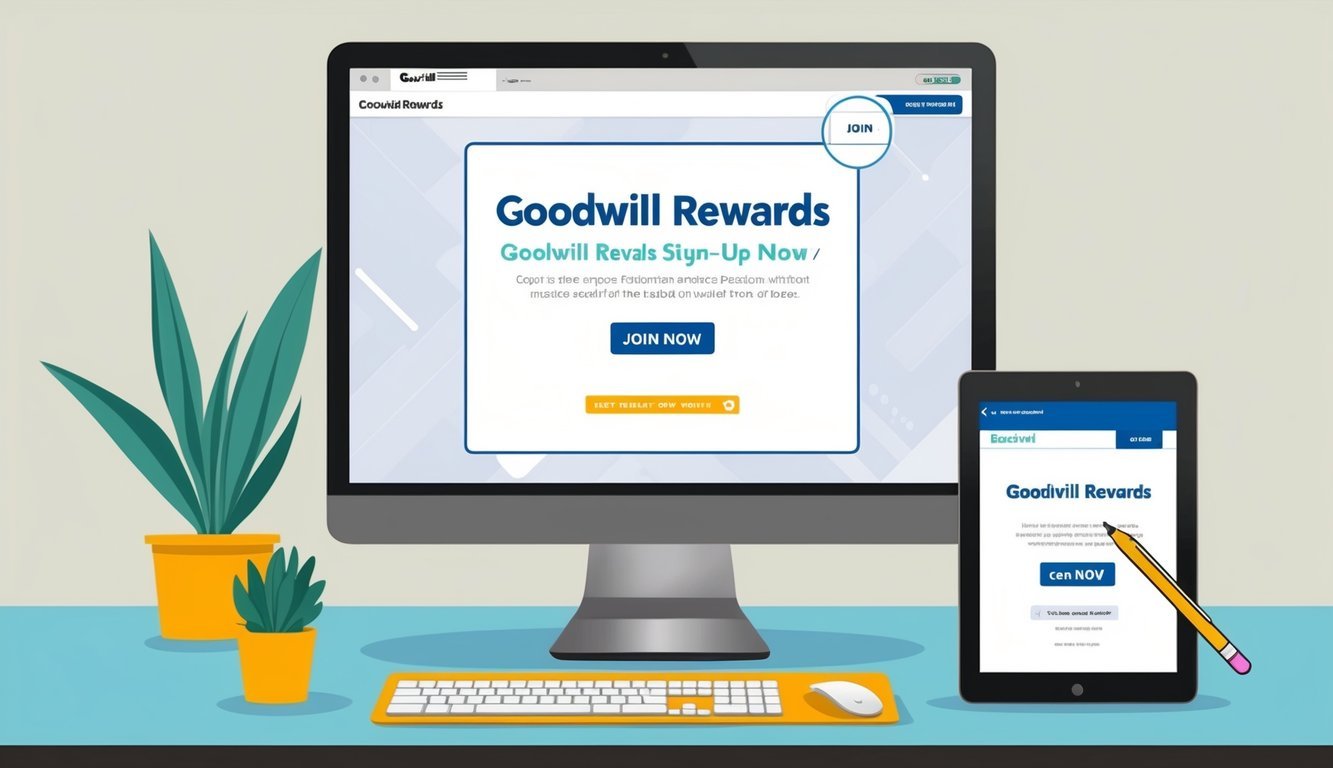 A computer screen displaying the Goodwill Rewards sign-up page with a cursor hovering over the "Join Now" button