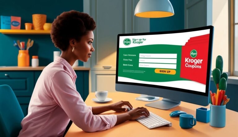 Woman signing up for Kroger coupons on a computer at a desk