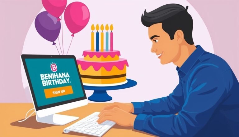 Man at computer with birthday cake, balloons, and "Benihana Birthday" sign-up