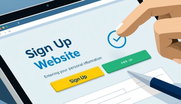 Sign up website interface with a finger tapping a checkmark icon