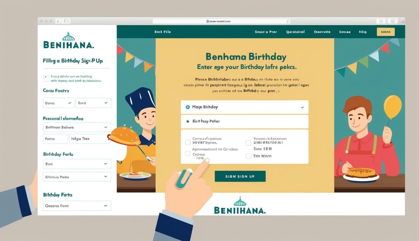 A person filling out a birthday sign-up form on the Benihana website, entering their personal information and selecting their birthday perks