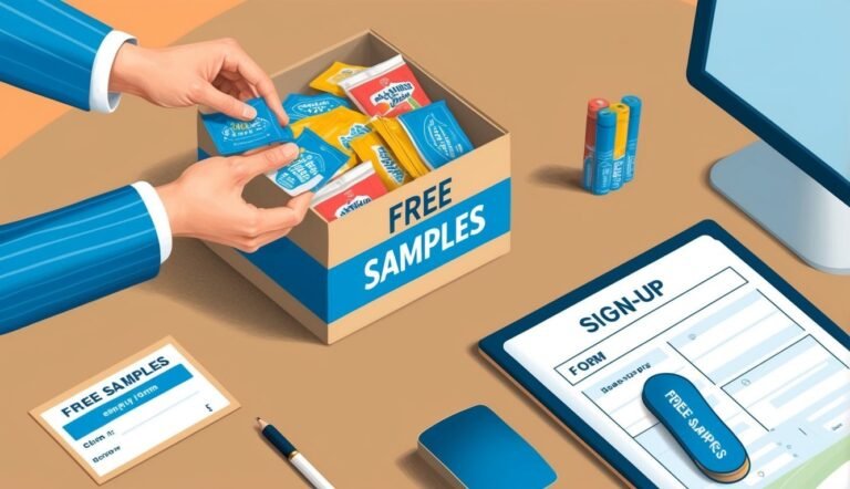 Hands reaching into a box of free samples, sign-up form, and computer screen