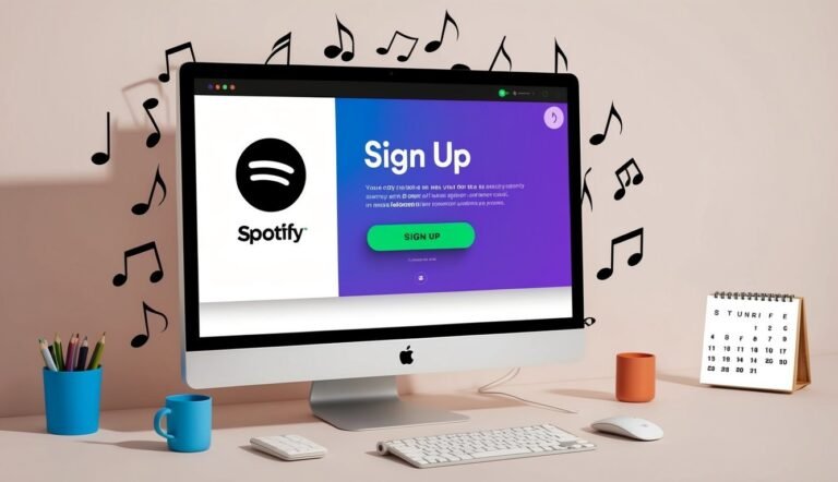 Spotify sign-up page on a computer monitor with musical notes