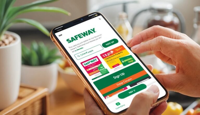 Person holding a phone with the Safeway app open, showing coupons