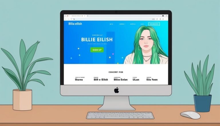 Computer screen displaying Billie Eilish website, plants on either side, keyboard and mouse