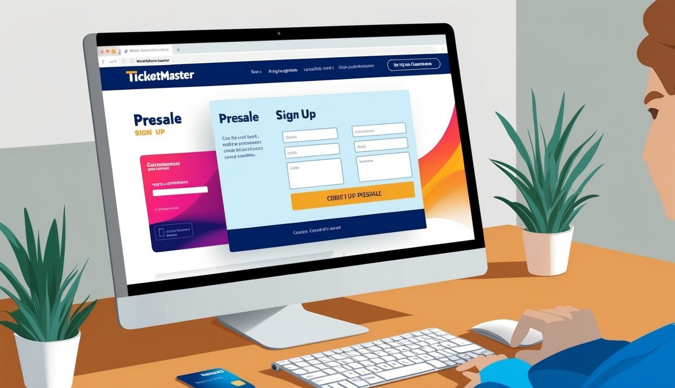 A computer screen with Ticketmaster website open, showing the presale sign-up process with a credit card and personal information input fields