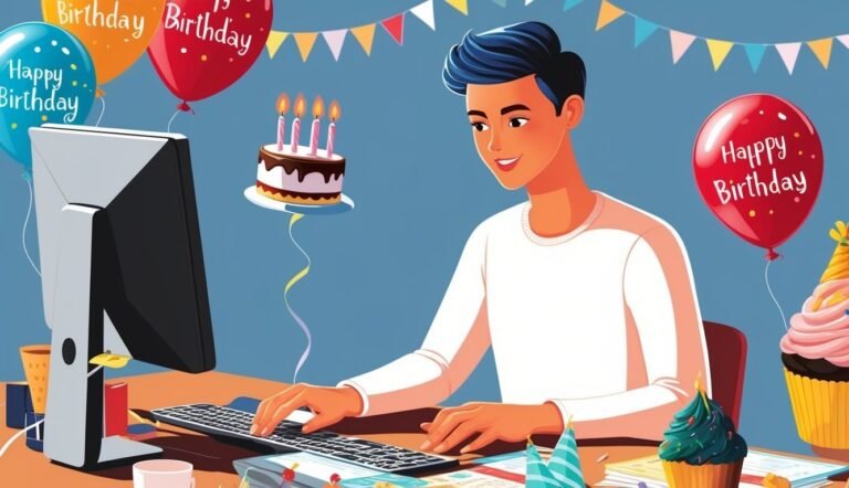 Man celebrating birthday at a desk with cake, balloons, and computer