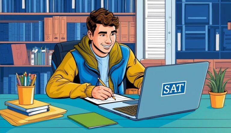 Young man studying for the SAT exam on a laptop, smiling