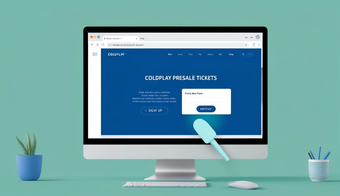 Computer screen displaying a Coldplay presale tickets website with a sign-up button