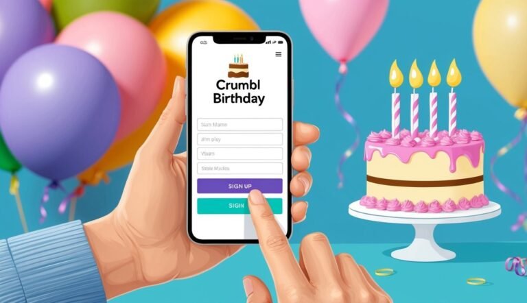 Hand holding phone with Crumbl Birthday sign-up form, cake and balloons
