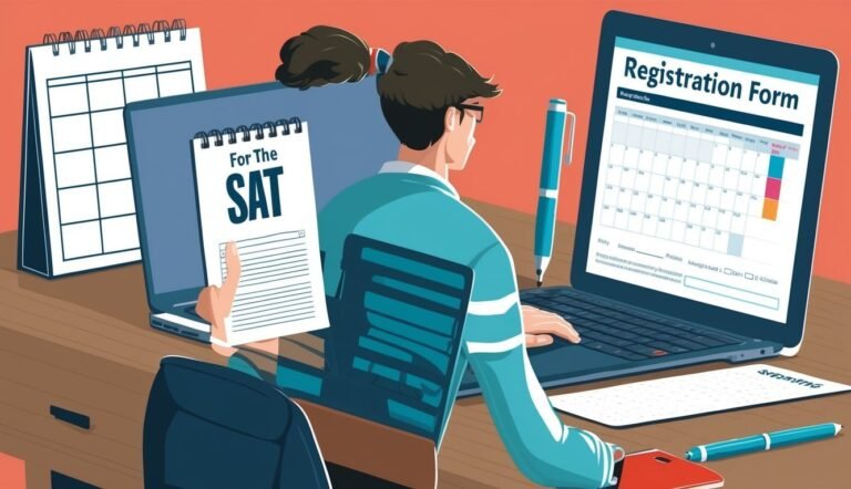 Person filling out SAT registration form on a laptop, with calendar and notepad