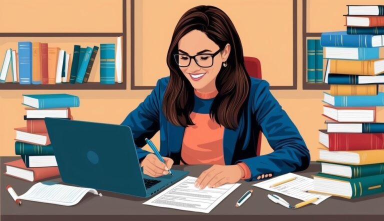 Woman in glasses writing at desk with laptop and books
