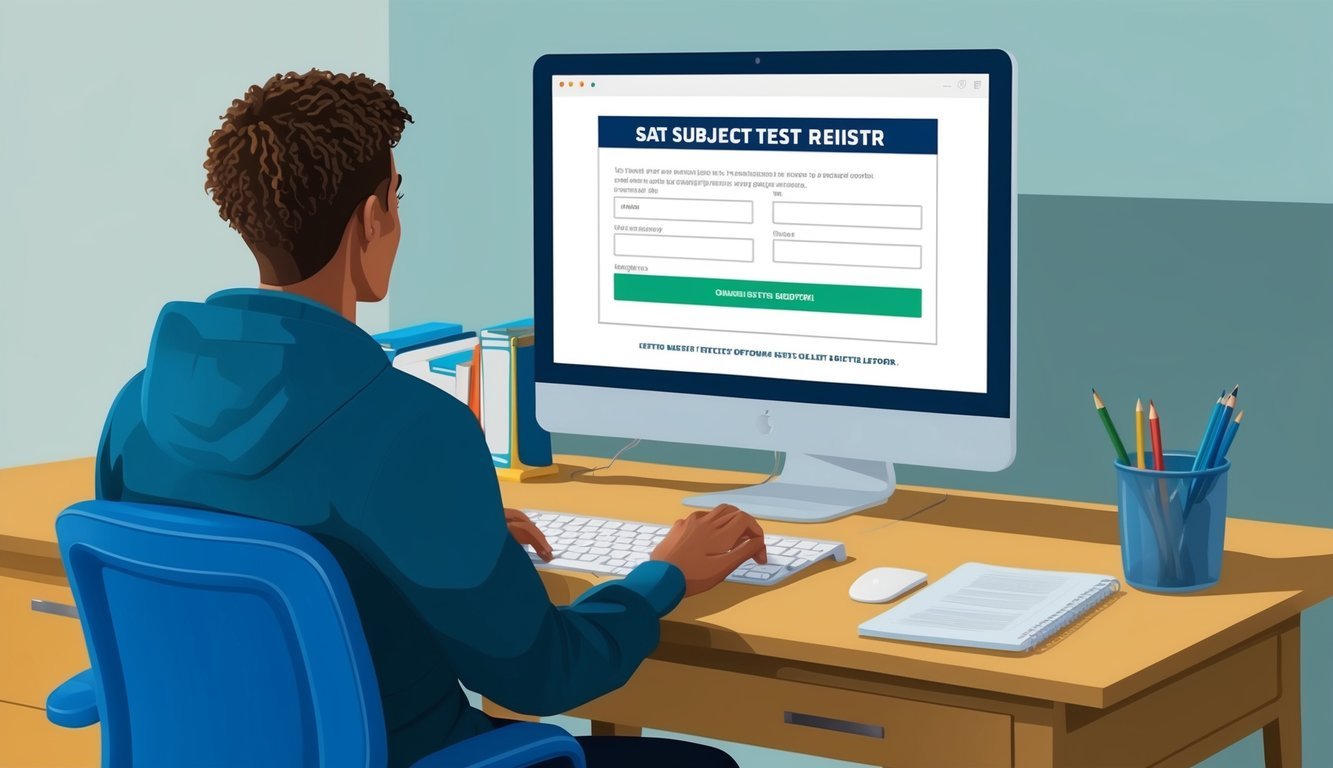 A student sitting at a desk with a computer, filling out an online form for SAT Subject Tests registration