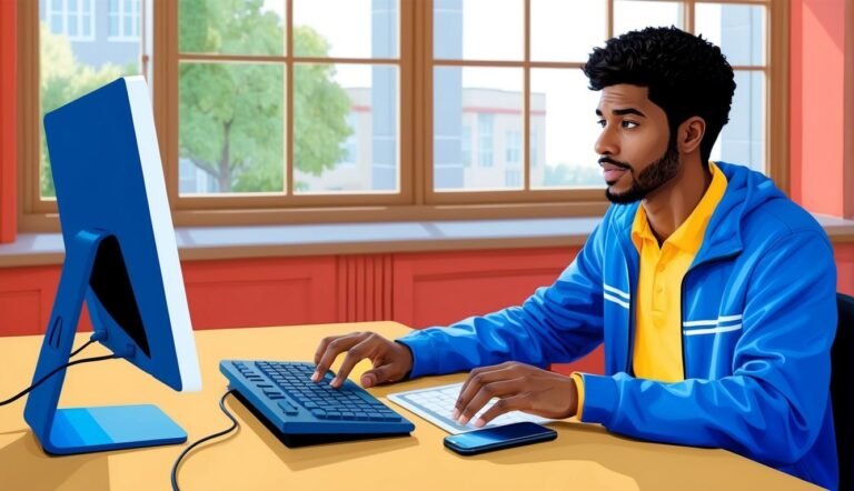 Man working on a blue computer at a desk near a window