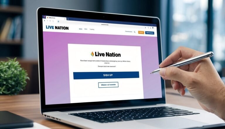 Laptop screen displaying Live Nation sign-up page, hand holding pen