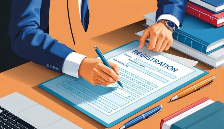 Person in suit signing a registration form on a desk with books