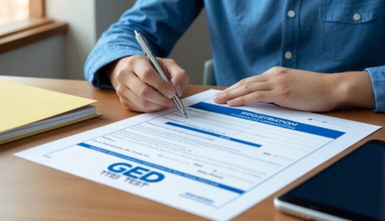Person filling out a GED registration form with a pen on a desk