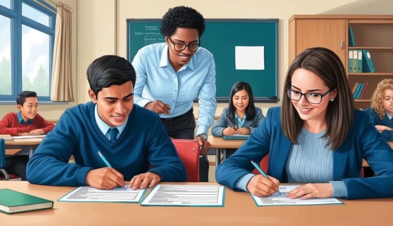 Students taking a test in a classroom, teacher overseeing their work