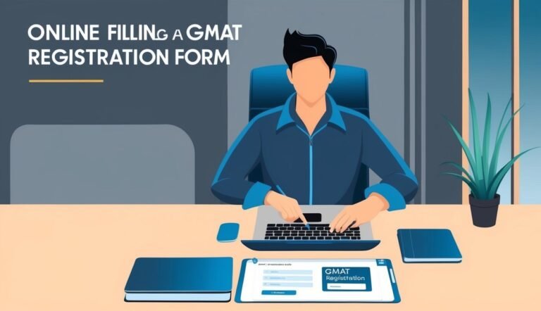 Man filling out a GMAT registration form on a laptop and tablet