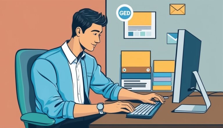 Man studying for GED on computer at a desk