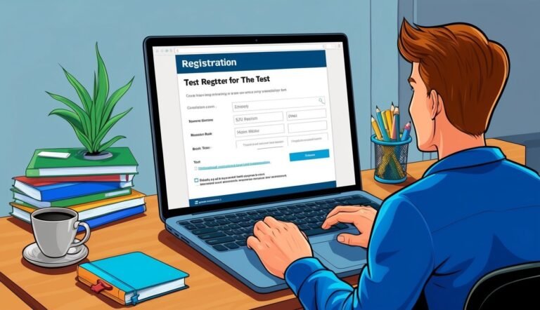 Man registering for a test on a laptop, with books and coffee nearby