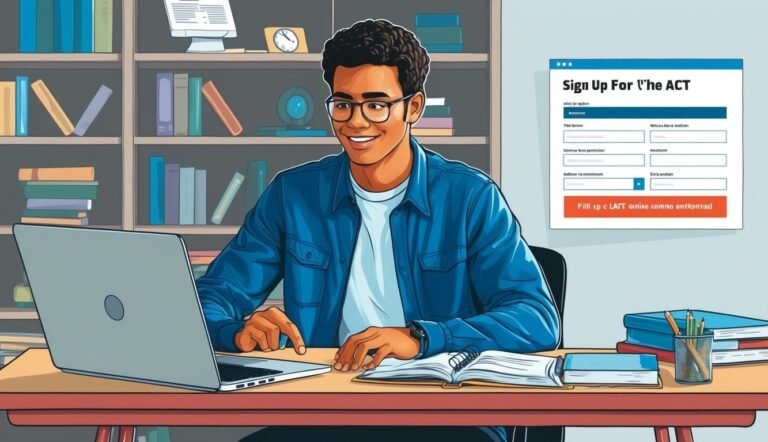 Smiling man signing up for the ACT on a laptop, with bookshelf background