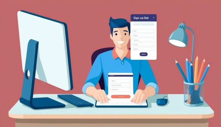 Cartoon man at desk with computer and sign-up forms on screen