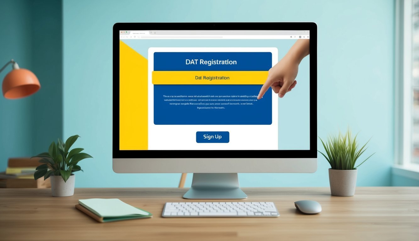 A computer screen displaying the DAT registration website with a cursor clicking on the "Sign Up" button