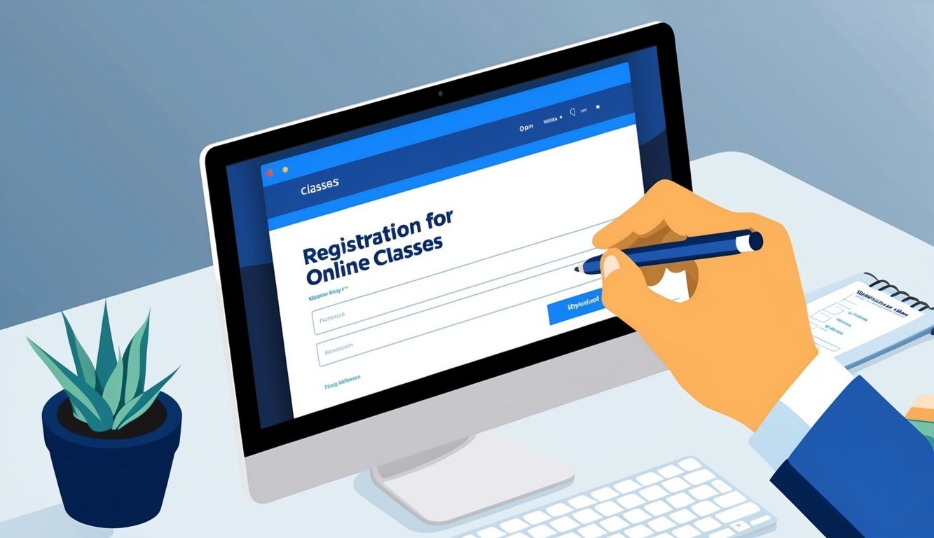 A computer screen with a website open, showing a registration form for online classes.</p><p>A person's hand holding a pen, ready to fill out the form