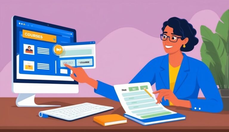 Woman using computer to collect courses, working on a document
