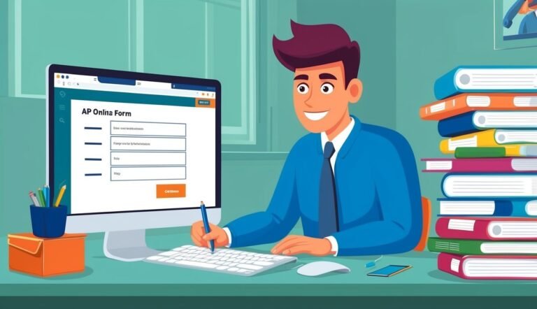 Man filling out an AP online form on a computer, with books nearby