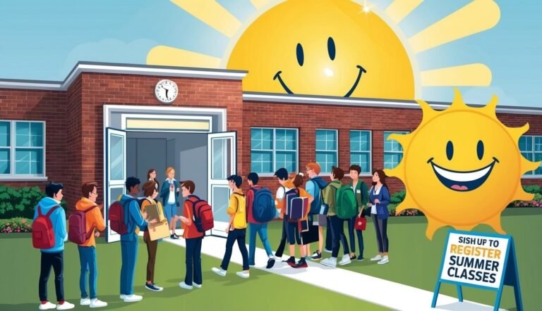 Students line up to register for summer classes at school