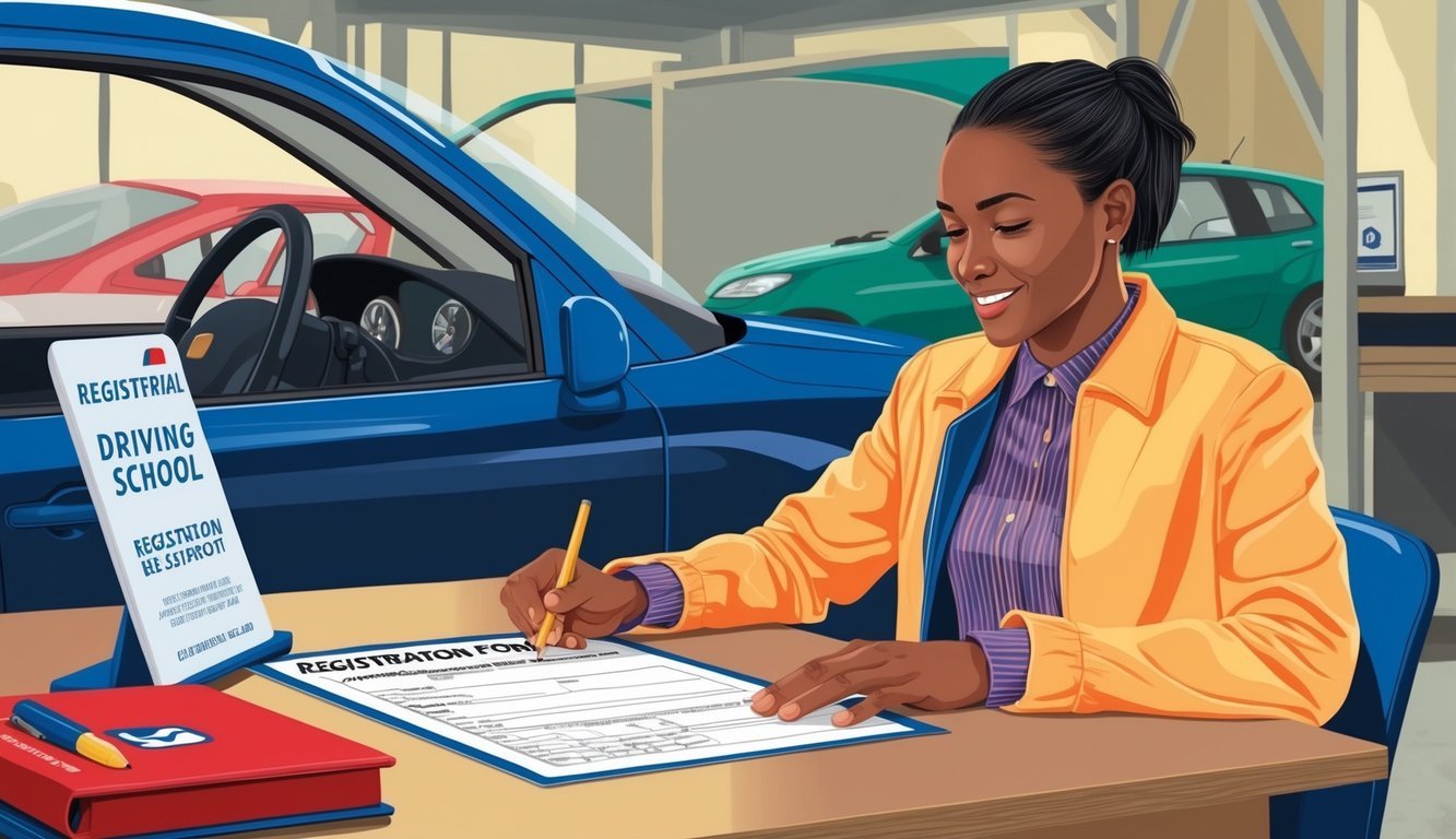 A person filling out a registration form at a driving school desk