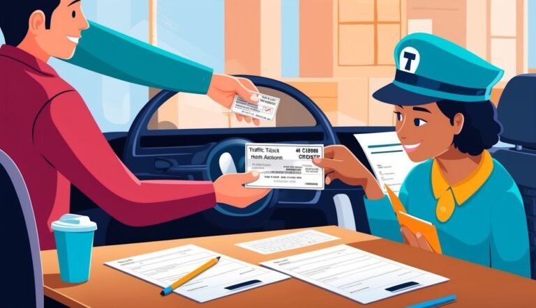 A driver hands a traffic ticket to a smiling officer