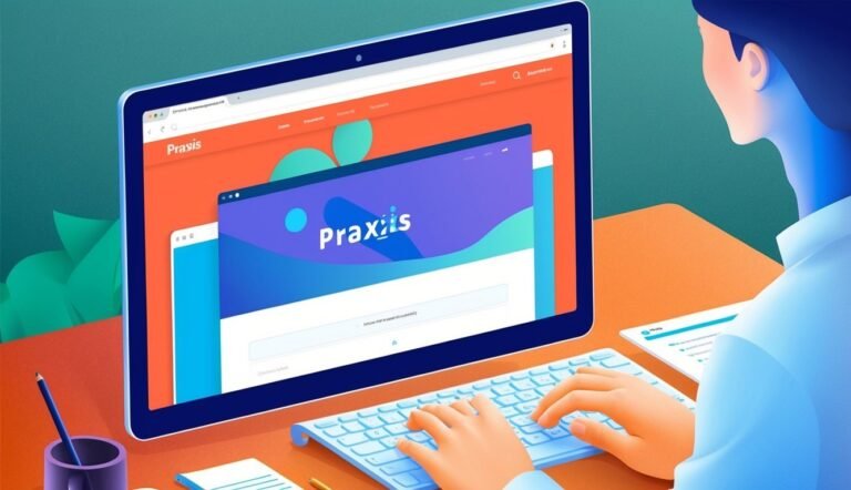 Person typing on a keyboard, viewing a "Praxis" website on a computer screen