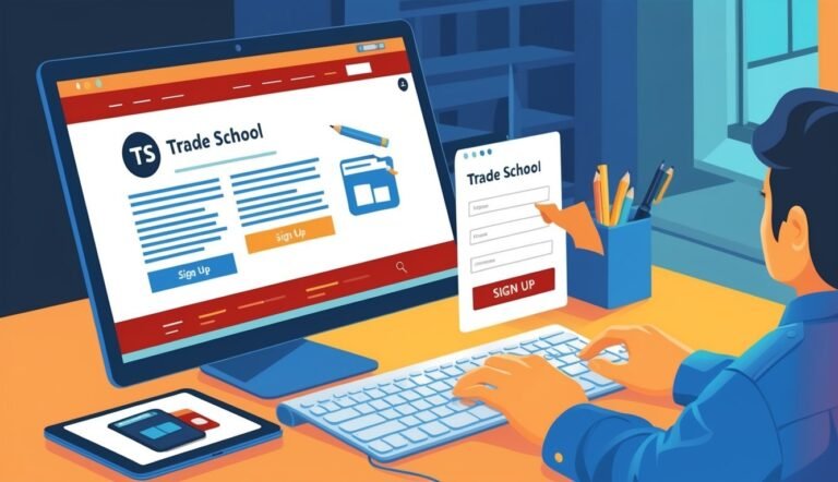 Person signing up for trade school online, using a computer